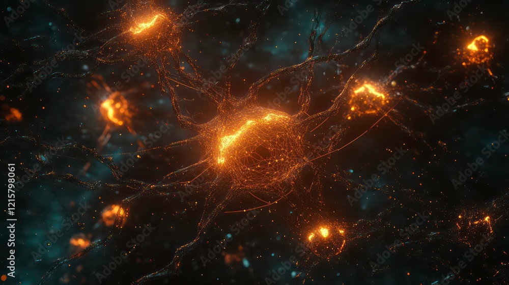 Obraz premium Microscopic view of glowing neuron cell with network of connections.