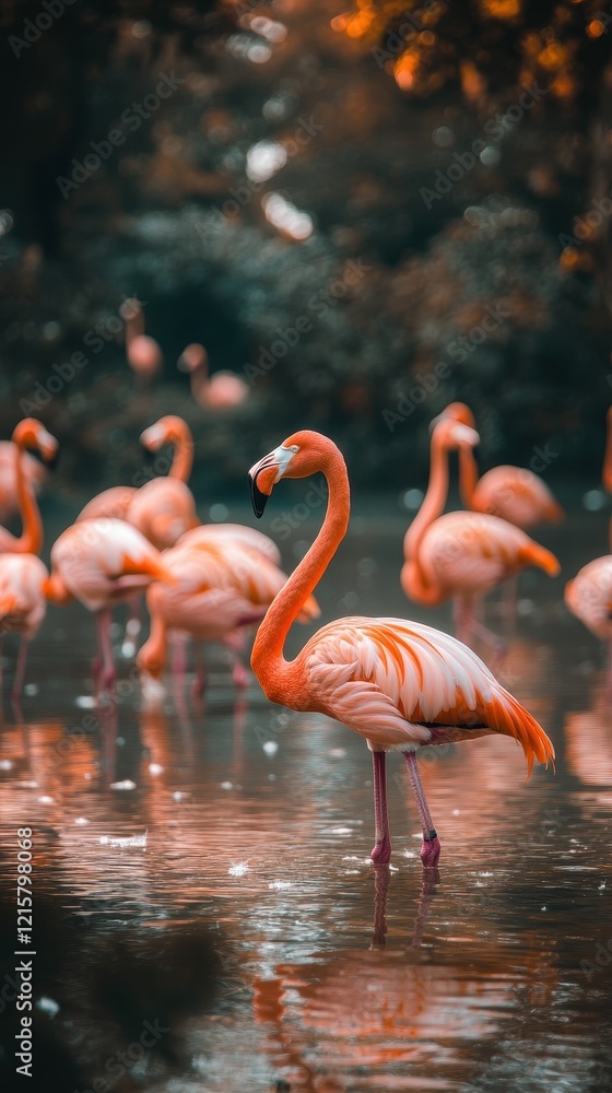 Obraz premium Flamingos in a serene lagoon at sunset, showcasing their vibrant plumage and peaceful reflections in the still water, a captivating scene of nature's beauty.