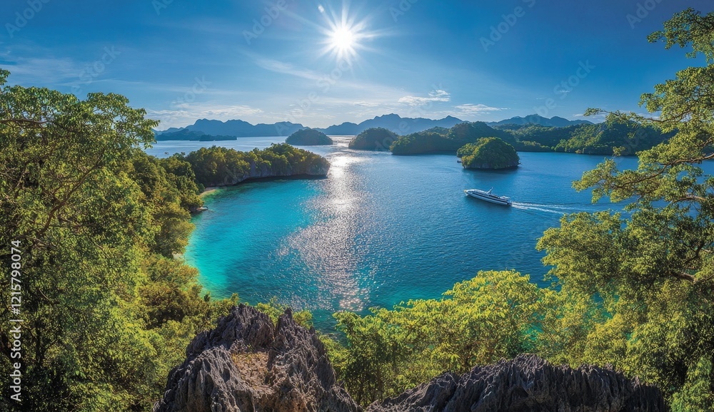 Obraz premium Sunlit tropical bay with cruise ship, seen from a lush island viewpoint.