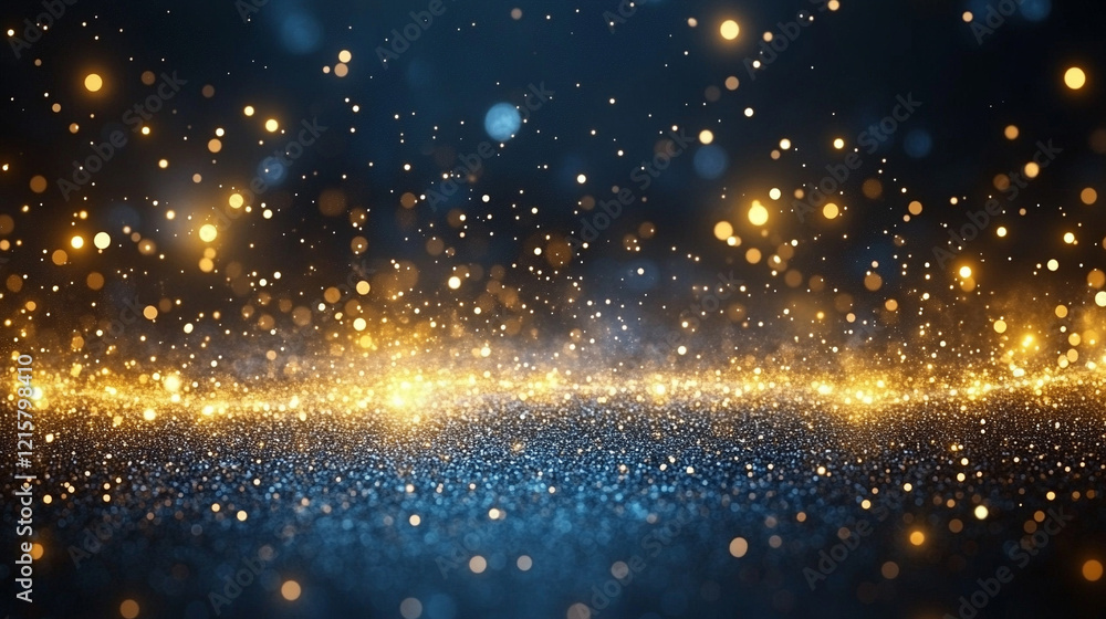 Fototapeta premium Digital background with flowing gold, silver, and white data waves glowing with light particles on a dark backdrop, featuring a modern minimalistic style and empty blank space for captions