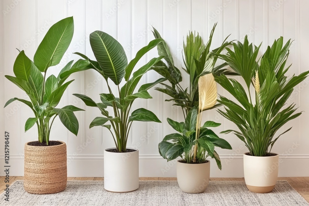 Fototapeta premium Indoor plants, home decor, white wall background, natural light, stylish interior design