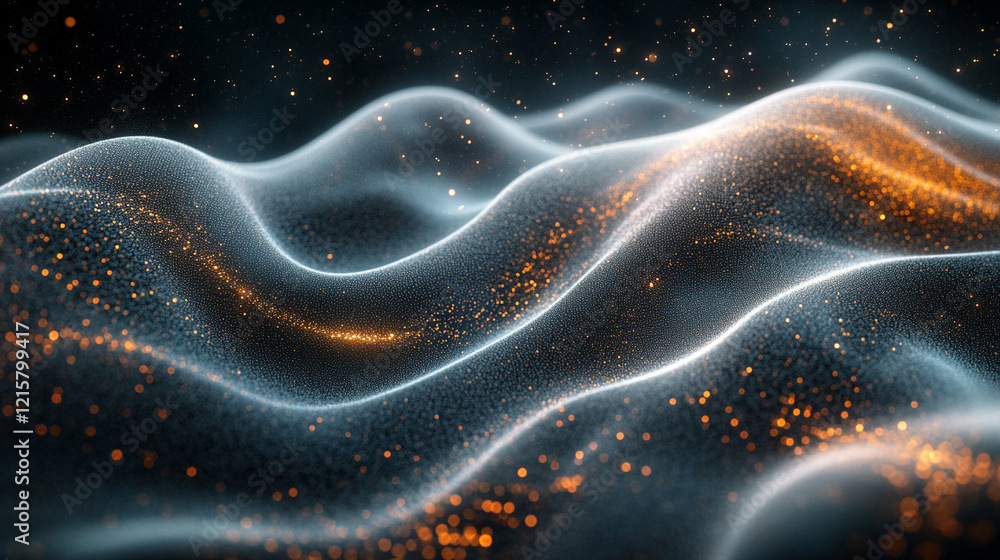 Digital background with flowing gold, silver, and white data waves glowing with light particles on a dark backdrop, featuring a modern minimalistic style and empty blank space for captions
Digital background with flowing gold, silver, and white data waves glowing with light particles on a dark backdrop, featuring a modern minimalistic style and empty blank space for captions