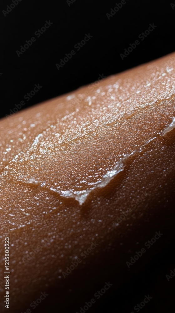 Fototapeta premium Close-up of glistening skin with a wave of lotion applied. The image evokes a sense of hydration and freshness.