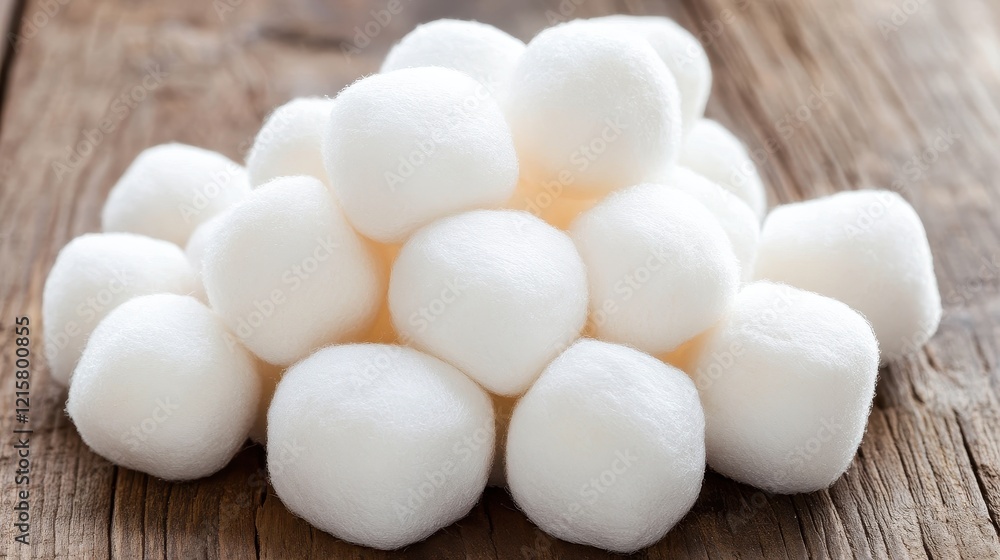 Soft White Cotton Balls on Wooden Surface Soft White Cotton Balls on Wooden Surface