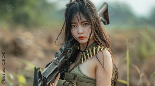 Determined female soldier poses with assault rifle ready for action in nature