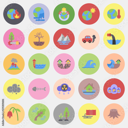 Icon set of global warming. Global warming elements. Icon in color mate style.