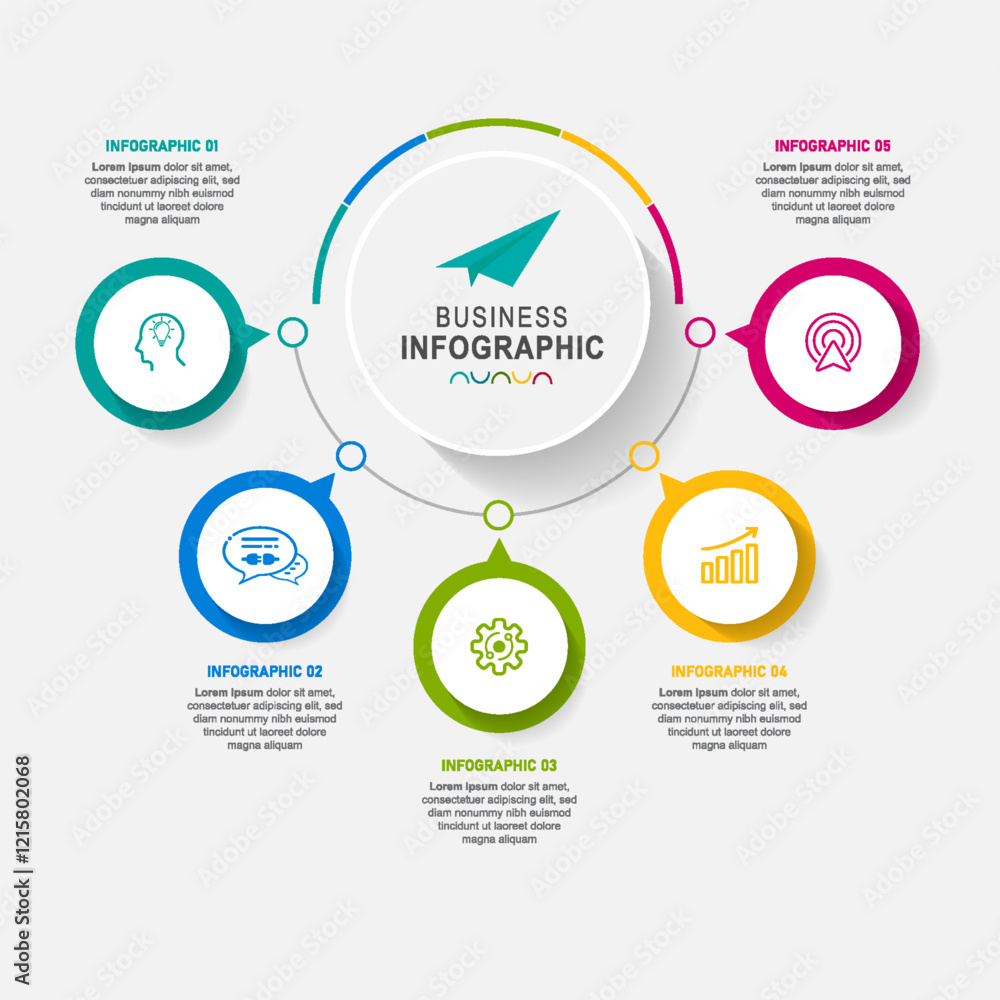 Business infographic template. Timeline concept for presentation, report, infographic and business data visualization. Round design elements with space for text Business infographic template. Timeline concept for presentation, report, infographic and business data visualization. Round design elements with space for text