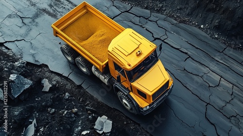 an unbranded yellow truck tries on a damaged asphalt road. industrial dump truck vehicle concept