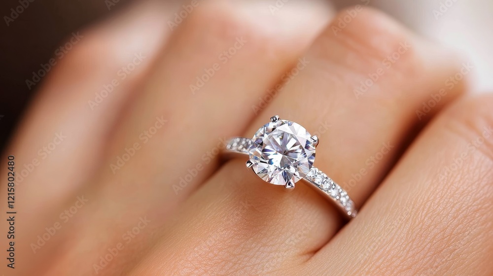 Close-up of an elegant diamond engagement ring on a woman's hand, showcasing intricate details and sparkle Close-up of an elegant diamond engagement ring on a woman's hand, showcasing intricate details and sparkle