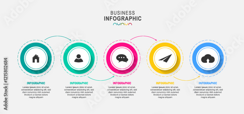 infographics timeline design template 5 icons with integrated circles background. Blank space for content, business, infographic, diagram, digital network, flowchart, process