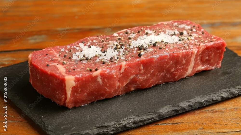 Fresh Raw Beef Steak on Slate Board with Coarse Sea Salt and Black Pepper Ready for Grilling or Cooking in a Gourmet Kitchen Setting Fresh Raw Beef Steak on Slate Board with Coarse Sea Salt and Black Pepper Ready for Grilling or Cooking in a Gourmet Kitchen Setting