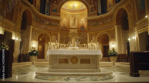 Altar, candles, church interior, ornate architecture, evening