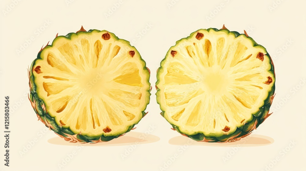 Two halves of a ripe pineapple, sliced and shown on a beige background. Two halves of a ripe pineapple, sliced and shown on a beige background.