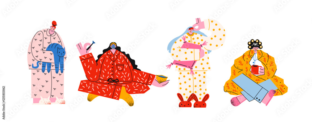 Fototapeta premium Characters in home pajamas and mask on face. Women and men comfortable cozy clothes, nightgowns, pillows. Cartoon mascots with blanket, pillow, home comfort. Vector hand drawn people