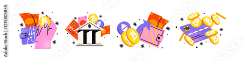 Cryptocurrency, bitcoin and digital currency exchange. Cartoon abstract compositions of trading, electronic money, blockchain exchange and banking. Money doodle drawings of the currency market online.
