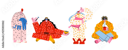 Characters in home pajamas and mask on face. Women and men comfortable cozy clothes, nightgowns, pillows. Cartoon mascots with blanket, pillow, home comfort. Vector hand drawn people