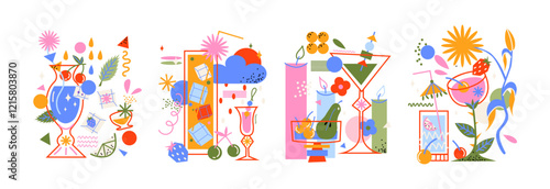 Alcoholic drinks and cocktails with abstract shapes. Cool fruit drinks, prosecco, gin, rum with ice for a party. Shapes in cartoon retro doodle groovy style of the 90s
