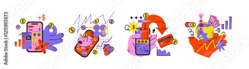 Cryptocurrency, bitcoin and digital currency exchange. Cartoon abstract compositions of trading, electronic money, blockchain exchange and banking. Money doodle drawings of the currency market online.