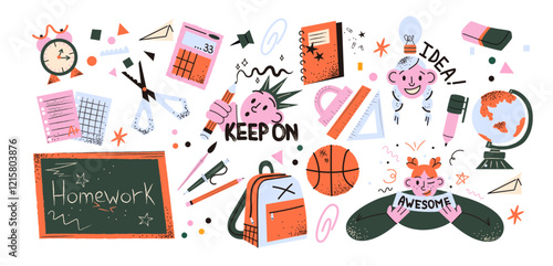 Set cartoon back to school stickers in the 90s style. Retro elements, office, study. Groovy characters students, school supplies, lessons, university. Trendy bright vector set