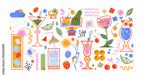 Cartoon stickers cocktails in glass jars and glasses, set of alcoholic drinks and fruits. Retro cans of refreshing drinks with ice for party. cocktail ingredients. trending doodle stickers
