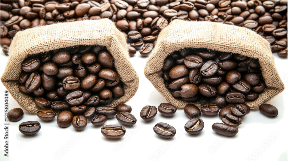Fototapeta premium Burlap Sacks Spilling Coffee Beans on White Generative AI