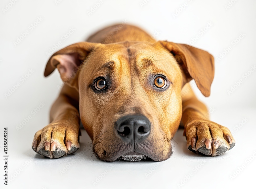 Sad Looking Dog with Beautiful Brown Eyes Laying on White Background, Perfect for Illustrations Focused on Pets, Emotions, and Animal Welfare Themes Sad Looking Dog with Beautiful Brown Eyes Laying on White Background, Perfect for Illustrations Focused on Pets, Emotions, and Animal Welfare Themes