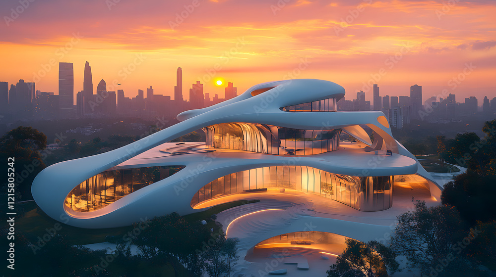 Naklejka premium A stunning architectural design overlooking a city skyline at sunset, blending nature with modernity.