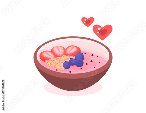 an illustration of a smoothie bowl. a bowl of smoothies with a mixture of strawberry pieces, blueberries, and granola. pink. fresh and delicious. food and fruits. flat style design. elements
