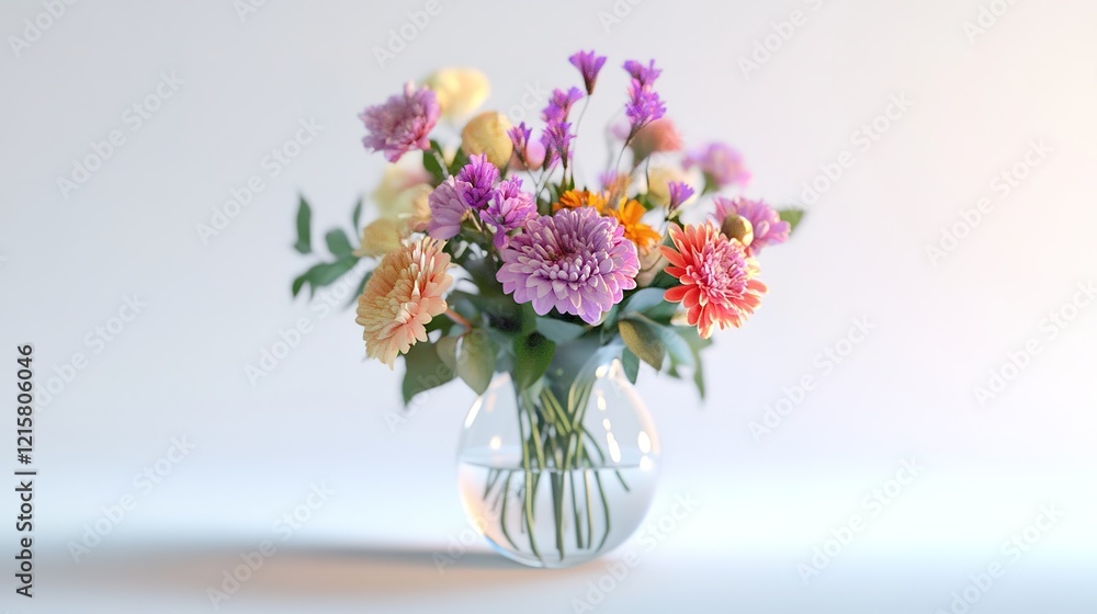 delicate bouquet in a transparent ceramic vase. chrysanthemums and eustoma. blurred white background delicate bouquet in a transparent ceramic vase. chrysanthemums and eustoma. blurred white background