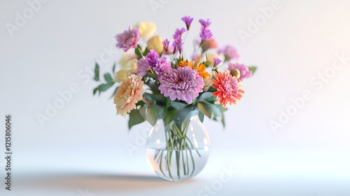 delicate bouquet in a transparent ceramic vase. chrysanthemums and eustoma. blurred white background 