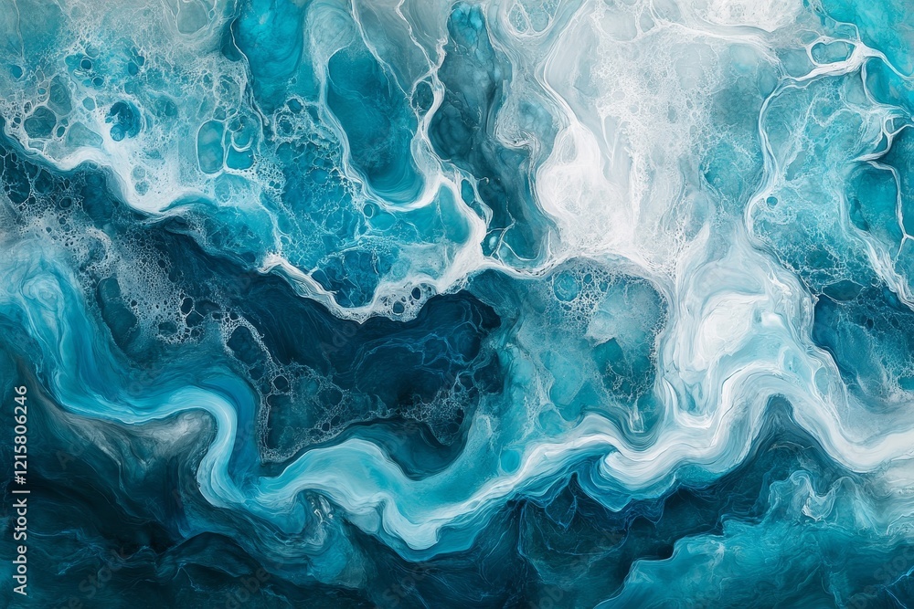 Abstract ocean-like fluid art with swirling teal, white, and grey patterns. Abstract ocean-like fluid art with swirling teal, white, and grey patterns.