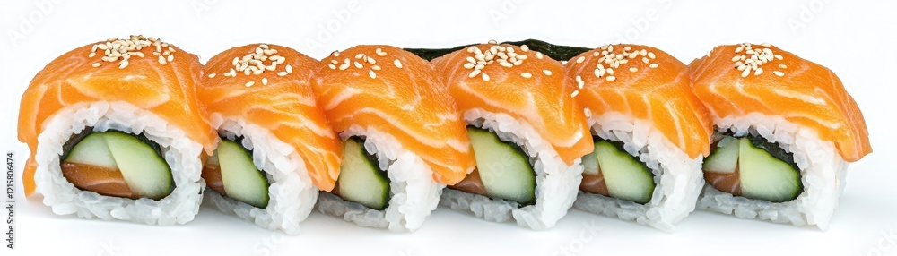 Salmon sushi rolls, cucumber filling, sesame seeds. Japanese food, restaurant menu Salmon sushi rolls, cucumber filling, sesame seeds. Japanese food, restaurant menu