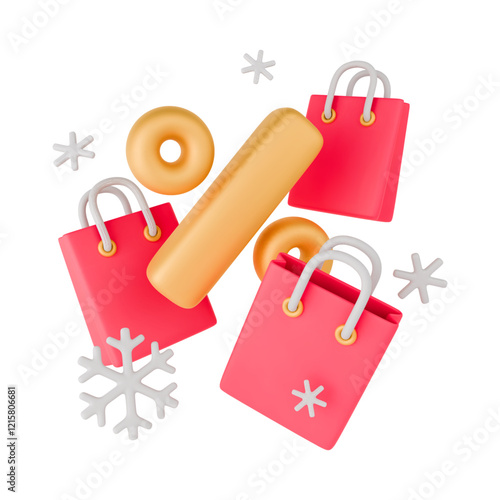 Seasonal discount 3D vector concept. Gold percent tags with flying red shopping bag, snowflakes around. Special sale gift present flayer. Realistic vector icon for winter sale, discount, shopping