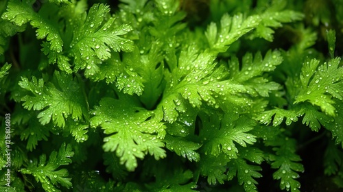 Macro green leaf foliage of rabbit's foot fern, Selaginella involved, Appalachian Feather fern, filmy fern plant. and soft water droplets photo