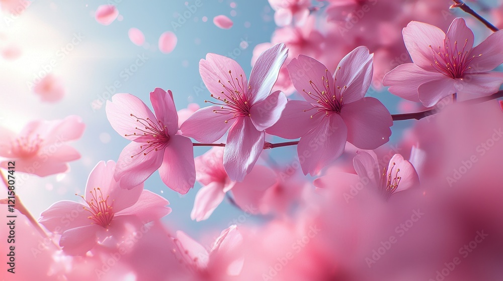 Delicate Pink Cherry Blossoms in Bloom with Soft Light and Falling Petals on a Blue Sky Background Delicate Pink Cherry Blossoms in Bloom with Soft Light and Falling Petals on a Blue Sky Background