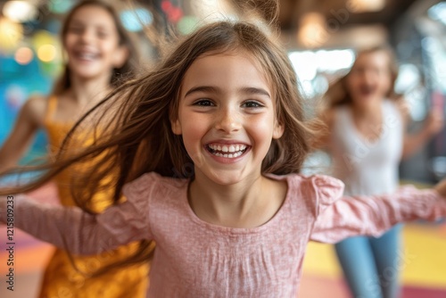 A joyful girl runs with friends, hair flying, radiant smile. Perfect for themes of childhood, happiness, and carefree fun.