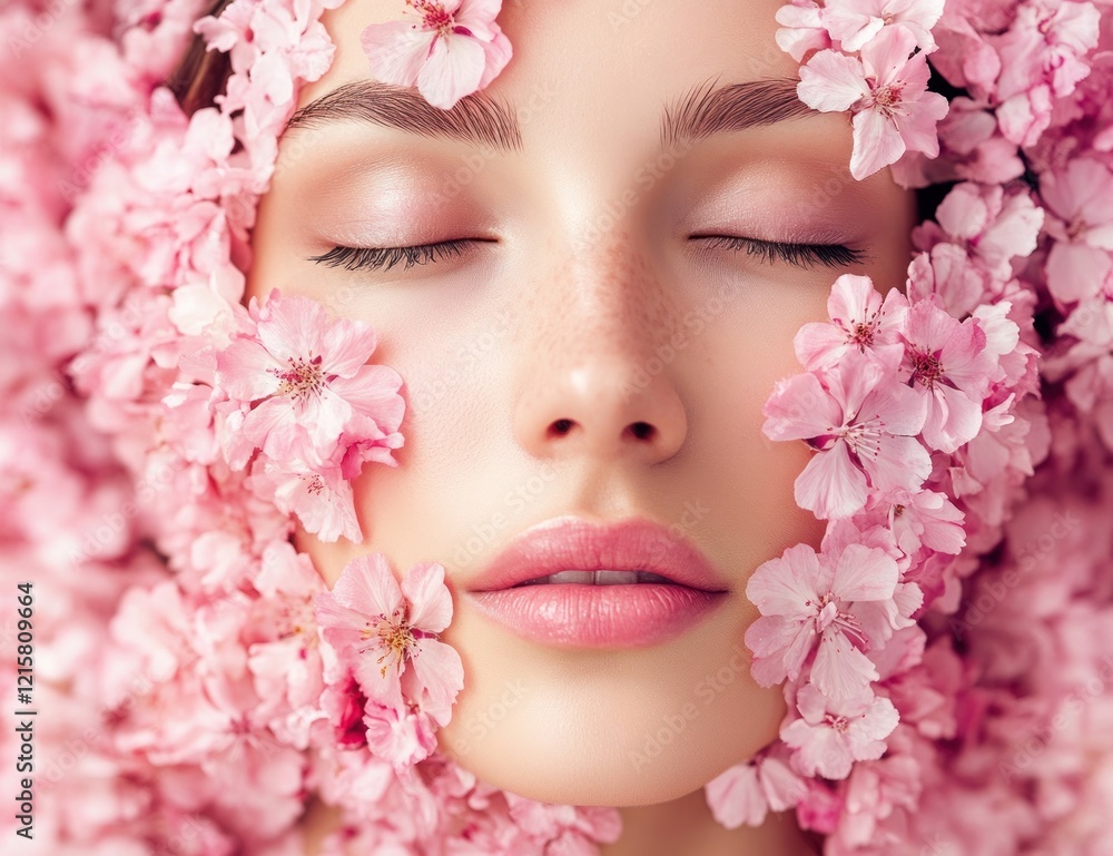 Serene Beauty: A Woman's Face Adorned with Delicate Pink Cherry Blossoms Serene Beauty: A Woman's Face Adorned with Delicate Pink Cherry Blossoms