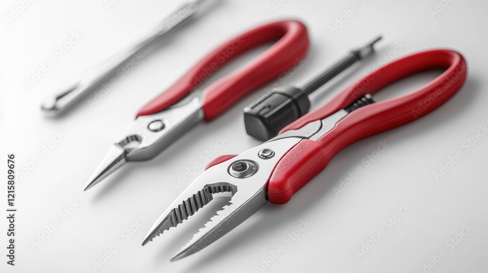 Red-handled pliers and tools on white background. Red-handled pliers and tools on white background.