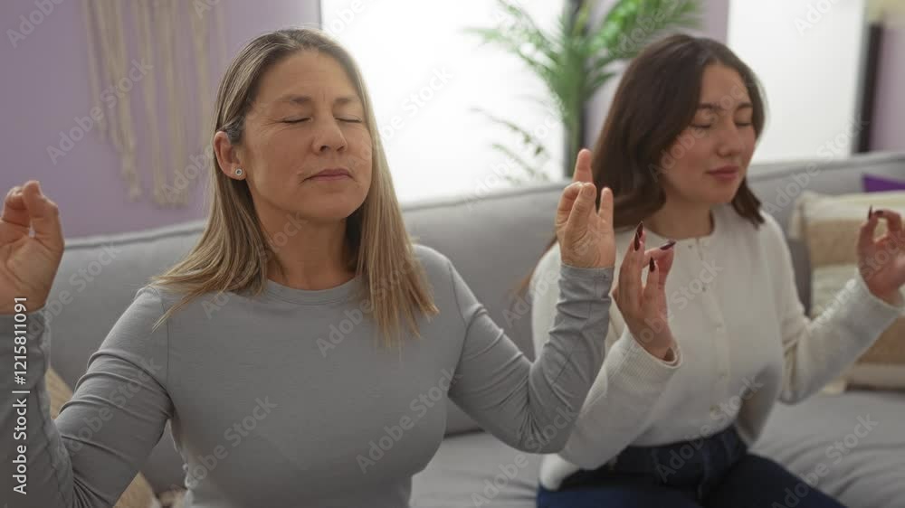 Mother and daughter meditating peacefully in a cozy living room at home, illustrating family bond and relaxation in a serene indoor setting, embodying love and tranquility. Mother and daughter meditating peacefully in a cozy living room at home, illustrating family bond and relaxation in a serene indoor setting, embodying love and tranquility.