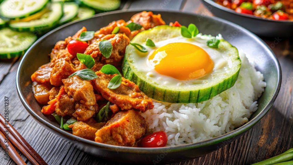 Macro Photography: Delicious Stir-Fried Pork Curry Rice with Fried Egg & Cucumber Garnish - Recipe Inspiration Macro Photography: Delicious Stir-Fried Pork Curry Rice with Fried Egg & Cucumber Garnish - Recipe Inspiration