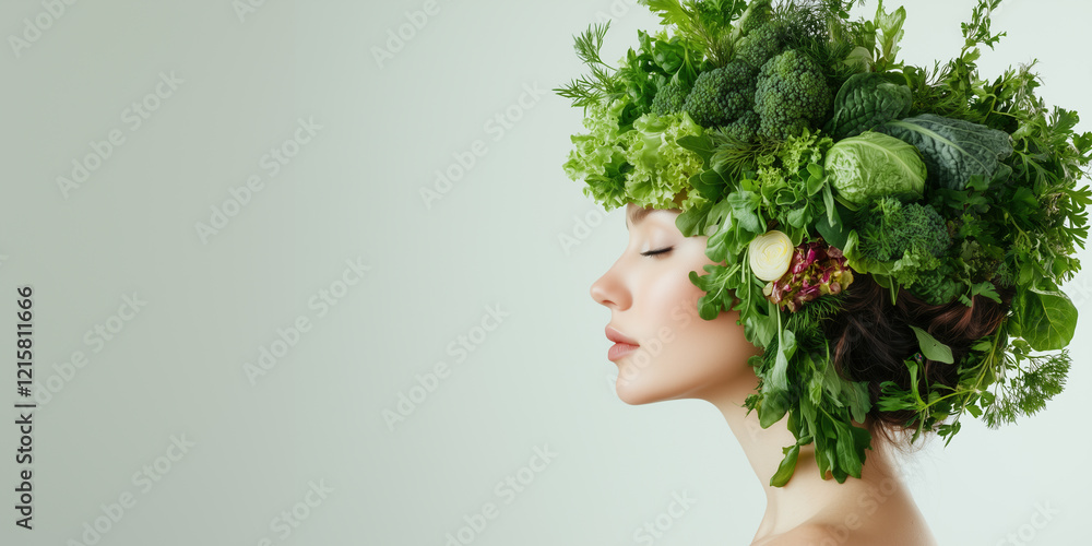 Portrait of young woman adorned with fresh vegetables, greens and herbs, symbolizing natural beauty, health, and sustainability. Clear white background, concept of wellness and eco-friendly living. Portrait of young woman adorned with fresh vegetables, greens and herbs, symbolizing natural beauty, health, and sustainability. Clear white background, concept of wellness and eco-friendly living.