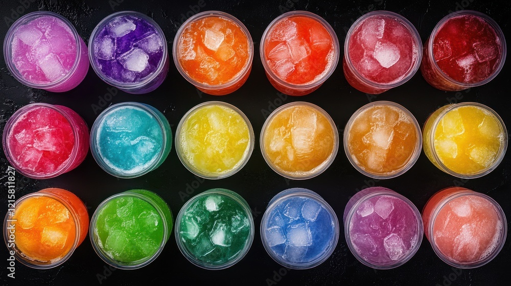 Overhead view of colorful, iced drinks in plastic cups arranged in a grid on a dark surface. Overhead view of colorful, iced drinks in plastic cups arranged in a grid on a dark surface.