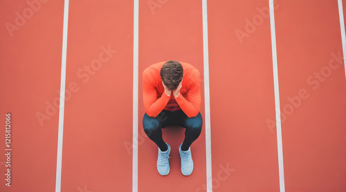 Wallpaper Mural A runner sits on a track, head in hands, conveying feelings of defeat or exhaustion after a challenging performance. Torontodigital.ca