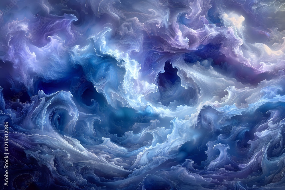 Mystical stormy sky with swirling clouds in deep blue and purple colors creating dramatic ethereal atmosphere. Perfect for fantasy, spiritual or dream-like concept designs.