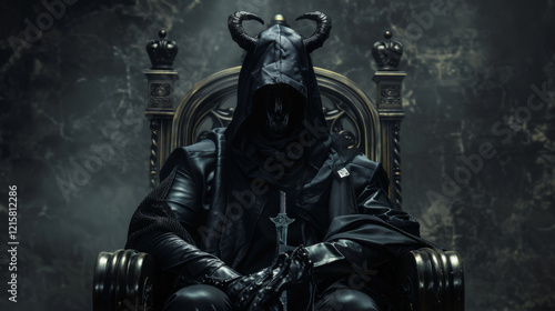 Sinister Figure Seated on Throne Embodies Power and Darkness in Gothic Style