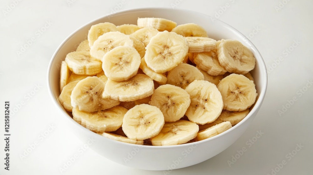 A white bowl filled with sliced bananas on a white background A white bowl filled with sliced bananas on a white background