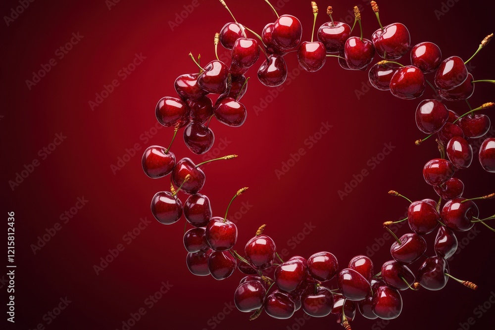 Red Cherries Forming A Circular Motion Against A Dark Red Background Red Cherries Forming A Circular Motion Against A Dark Red Background