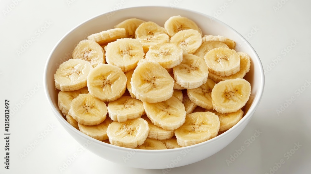 A white bowl filled with sliced bananas on a white background A white bowl filled with sliced bananas on a white background