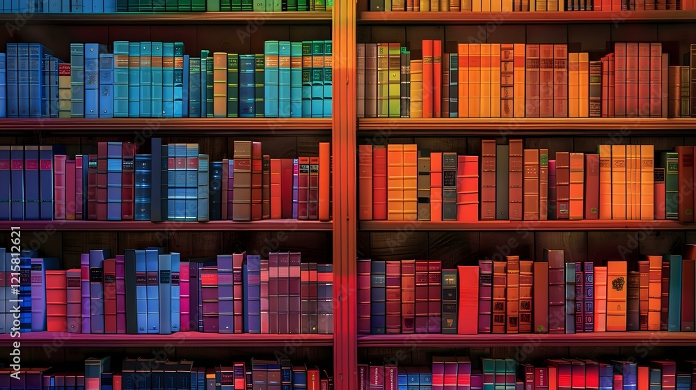 Colorful library bookshelf illuminated with vibrant rainbow lighting effect, perfect for education, knowledge and literature concepts. Modern library interior design background. Colorful library bookshelf illuminated with vibrant rainbow lighting effect, perfect for education, knowledge and literature concepts. Modern library interior design background.