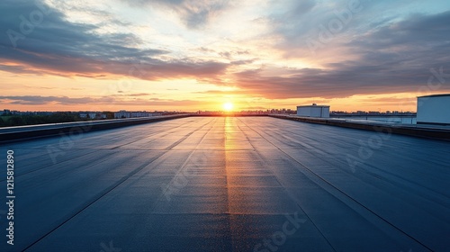 Empty rooftop at sunset, cityscape view. Ideal for concepts of peace, solitude, and urban design.